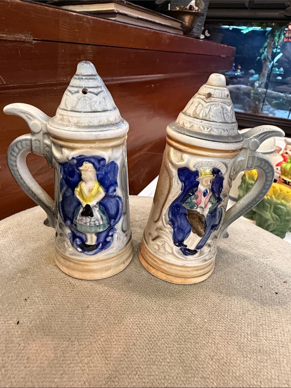 Vintage ceramic salt and pepper shakers styled to look like Barvarian beer stein